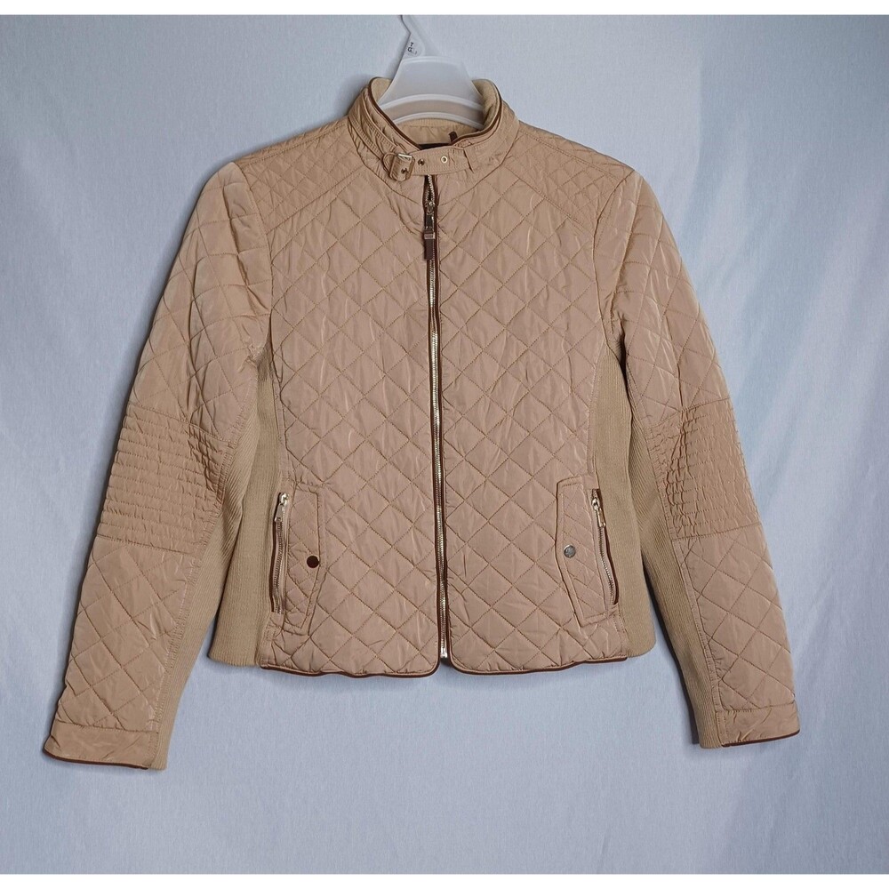 Zara Woman Jacket Womens XL Tan Quilted Moto Full Zip Collar Pockets Polyester